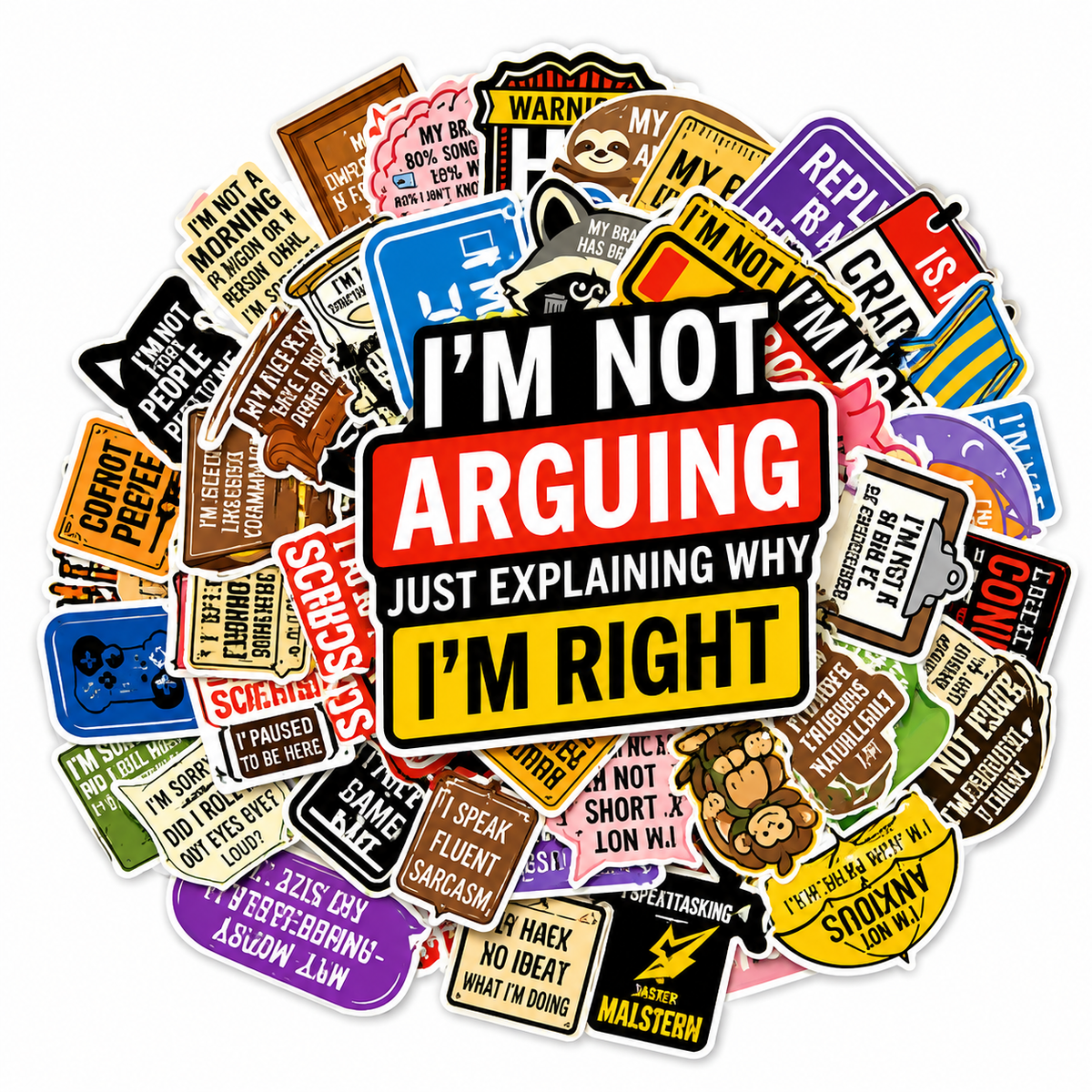 50-pack funny sarcastic stickers with colourful humorous designs